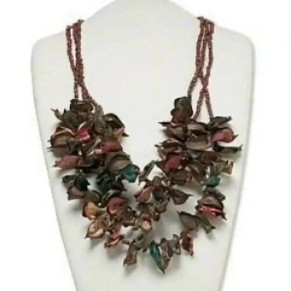 Handcrafted Ethnic Cotton Flower Coconut Pod Muted Colors Statement Necklace - Picture 1 of 1